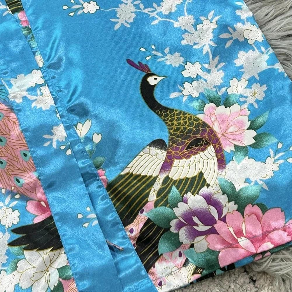 Children's One Size Blue Kimono Robe Top With Peacock Design